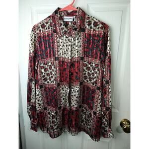 Alfred Dunner Woman 14 Blouse Red Colorblock Animal Print Semi Sheer Button...